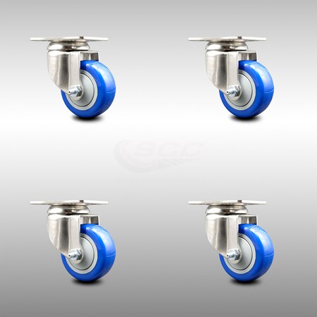 Service Caster 3 Inch 316SS Blue Polyurethane Wheel Swivel Top Plate Caster Set SCC-SS31620S314-PPUB-BLUE-4